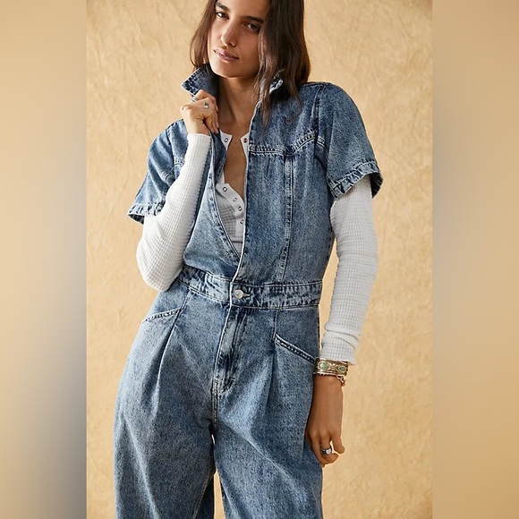NEW Free People/ We The Free Trouser Jumpsuit Womens Large Denim Utility - Picture 2 of 10